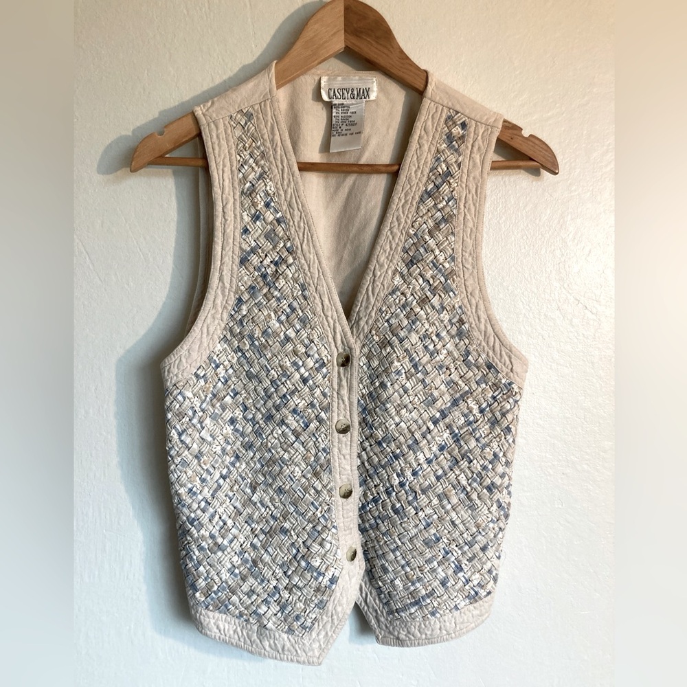 Vintage Casey and Max Beige and Blue Women's Vest (M)